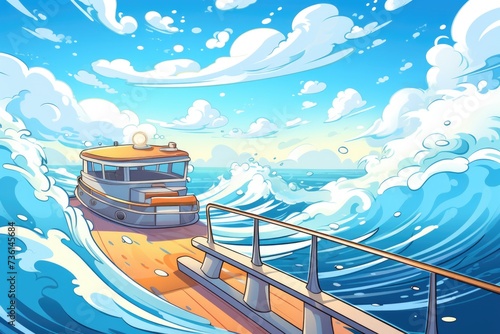 A boat floating in the middle of a vast body of water. Can be used to depict solitude, adventure, or serenity.