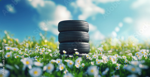 summer tires in the blooming spring in the sun - time for summer tires