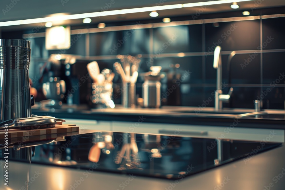 A picture of a kitchen featuring a stove top and a sink. This image can be used to showcase a modern kitchen design or to illustrate cooking and cleaning concepts A picture of a kitchen featuring a stove top and a sink. This image can be used to showcase a modern kitchen design or to illustrate cooking and cleaning concepts