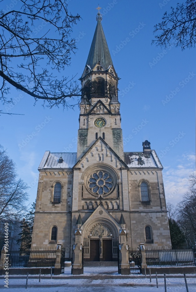 Berlin, Germany - Jan 18, 2024: St. Johannes-Basilica in Berlin. Cloudy winter day. Selective focus