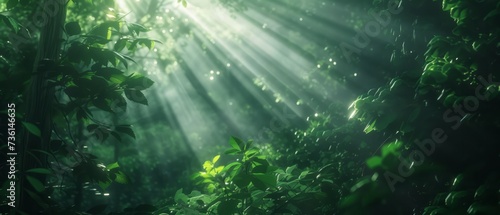 Beautiful rays of sunlight in a green forest #736146635