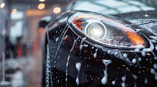 Close-up Detailed View of Black Sports Car Being Washed, Focus on Headlight and Grill Covered in White Soap Suds in Warmly Illuminated Car Wash Facility with Soap Bubbles and Water Droplets