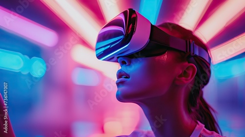 A woman engages in an immersive virtual reality experience as she wears a high-tech headset, exploring various digital landscapes and expanding her horizons. © Svfotoroom