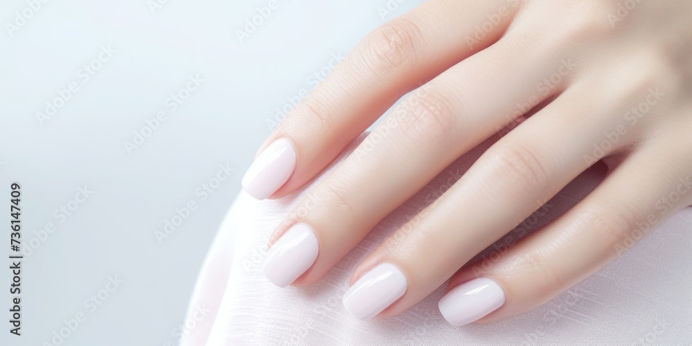 A close-up view of a person's hand with a white manicure. This image can be used to showcase nail art, beauty treatments, or hand care products