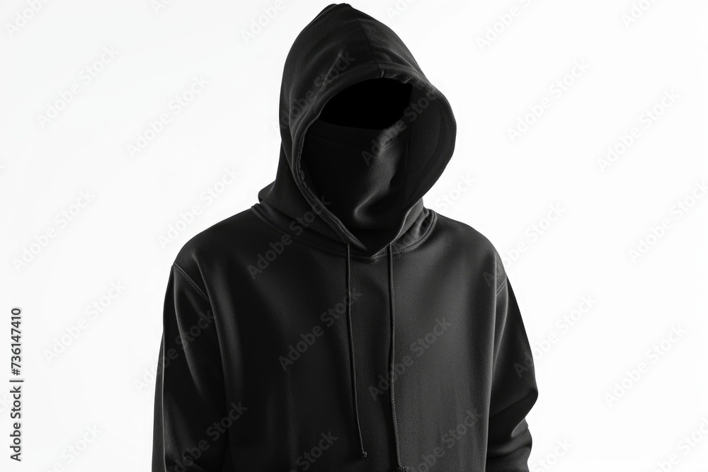 A man wearing a black hoodie stands in front of a plain white background. This versatile image can be used for various purposes
