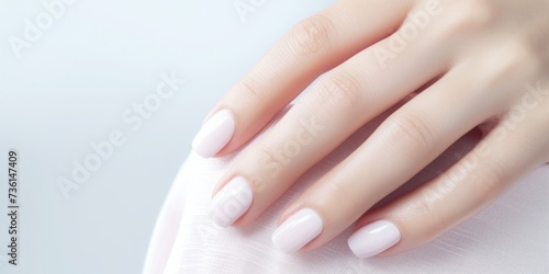A close-up view of a person s hand with a white manicure. This image can be used to showcase nail art  beauty treatments  or hand care products