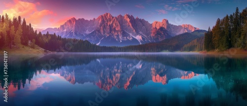 Calm morning view of Fusine lake. Colorful summer sunrise in Julian Alps with Mangart peak on background, Province of Udine, Italy, Europe. Beauty of nature concept background #736147897