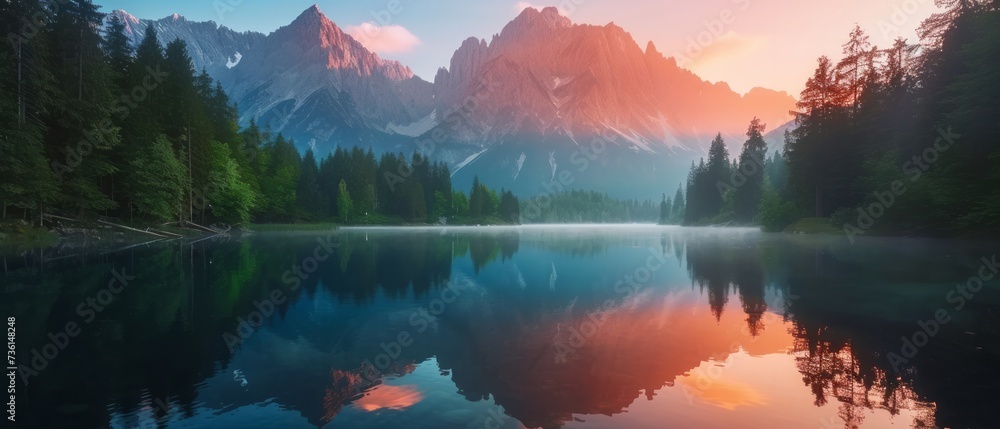 Calm morning view of Fusine lake. Colorful summer sunrise in Julian Alps with Mangart peak on background, Province of Udine, Italy, Europe. Beauty of nature concept background - obrazy, fototapety, plakaty 