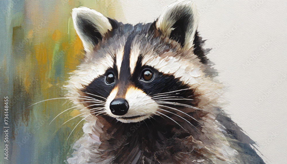 Oil painting of a raccoon head on pure white background canvas, copyspace on a side