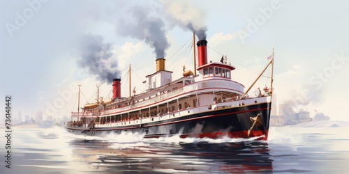 A painting of a steam ship in the water. Suitable for nautical themes and historical illustrations photo