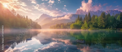 Calm morning view of Fusine lake. Colorful summer sunrise in Julian Alps with Mangart peak on background, Province of Udine, Italy, Europe. Beauty of nature concept background © Artem