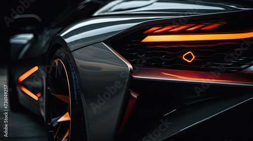 Close up photo of a corner front-end of a futuristic sports car, the car is dark grey, the led lights are burnt orange, the angles are sharp. the lights give off a glow. the image is cinematic, has lo