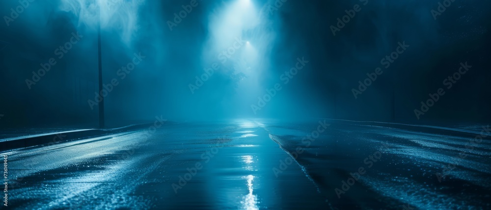 Dark street, wet asphalt, reflections of rays in the water. Abstract dark blue background, smoke, smog Dark street, wet asphalt, reflections of rays in the water. Abstract dark blue background, smoke, smog