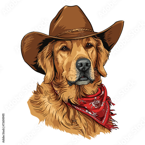 golden retriever dog Head wearing cowboy hat and bandana around neck