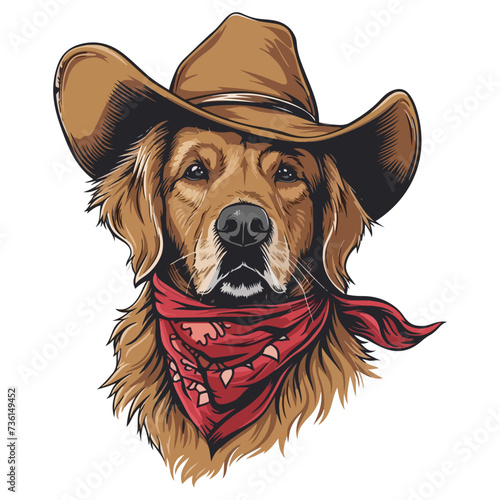 golden retriever dog Head wearing cowboy hat and bandana around neck