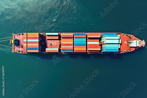 A large container ship sailing in the vast ocean. Suitable for transportation, logistics, and global trade concepts