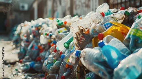 A collection of plastic bottles neatly lined up. Perfect for illustrating environmental pollution or recycling concepts