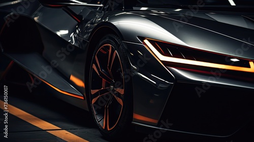 Close up photo of a corner front-end of a futuristic sports car  the car is dark grey  the led lights are burnt orange  the angles are sharp. the lights give off a glow. the image is cinematic  has lo