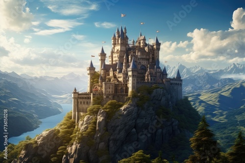 A majestic castle perched atop a scenic mountain. Perfect for showcasing grandeur and beauty.
