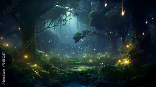 Fantasy dark forest with fog and lights. 3d rendering.
