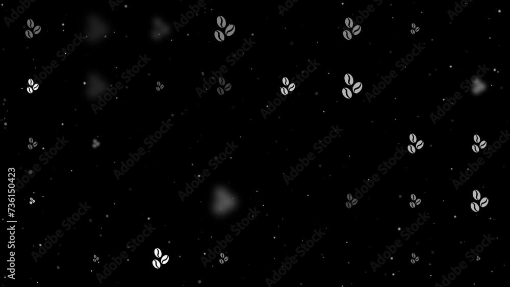 Template animation of evenly spaced coffee beans symbols of different sizes and opacity. Animation of transparency and size. Seamless looped 4k animation on black background with stars Template animation of evenly spaced coffee beans symbols of different sizes and opacity. Animation of transparency and size. Seamless looped 4k animation on black background with stars