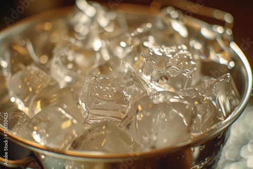 A bucket of ice sitting on top of a table. Suitable for beverage, party, or hospitality concepts