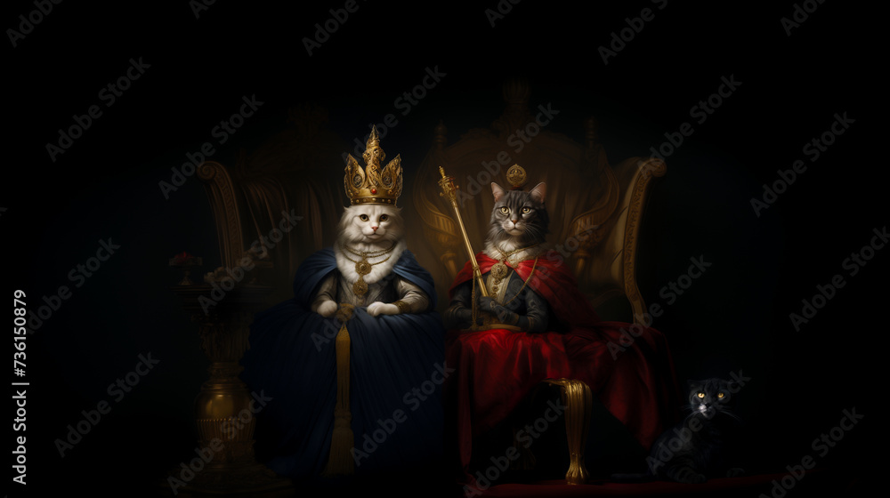 Fototapeta premium Animal portrait, King, Queen, Cats, Throne, Dressed, Ironic, Renaissance, Medieval. IN THE PRESENCE OF YOUR FELINE MAJESTIES. A couple of powerful emperor felines dressed up in Medieval style. Phanter