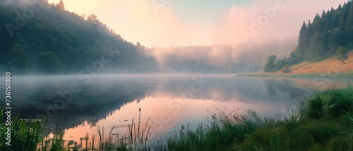 Misty morning scene of Lacu Rosu lake. Foggy summer sunrise in Harghita County, Romania, Europe. Beauty of nature concept background