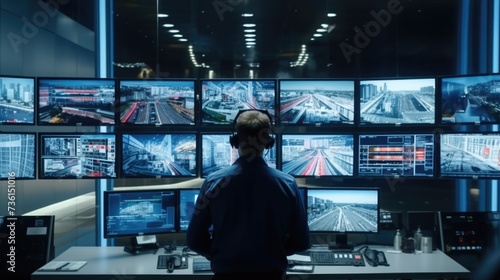 A man stands in front of a bunch of monitors. This picture can be used to represent technology, surveillance, or a control room setting