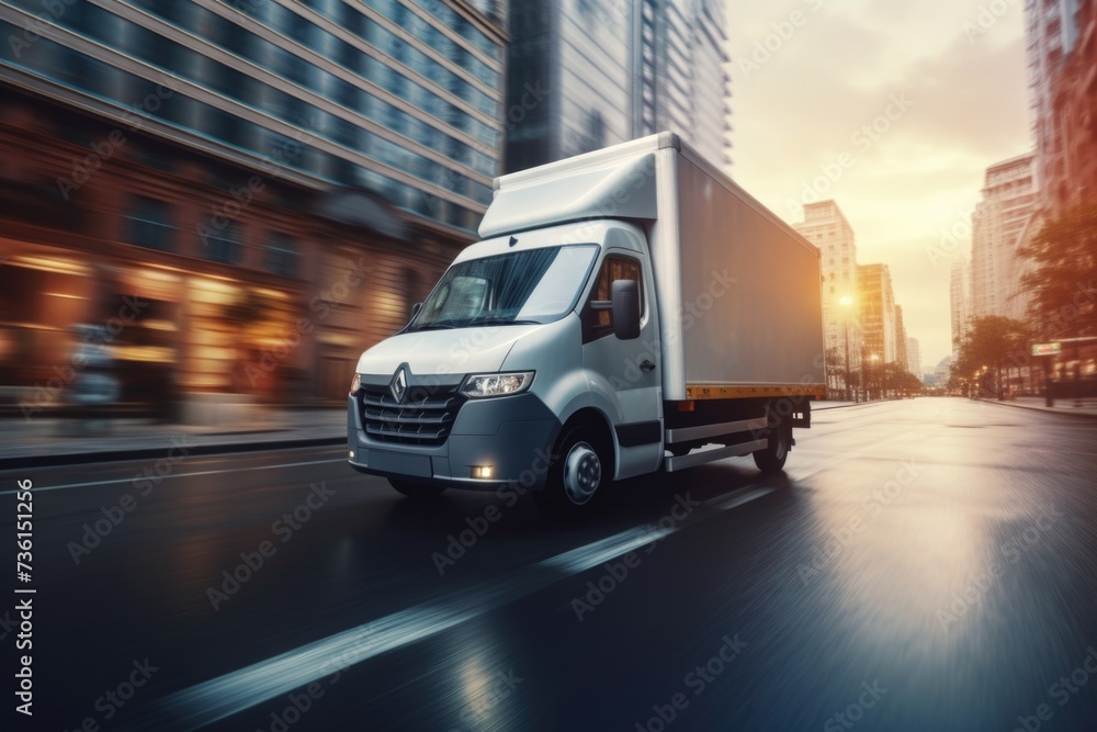 A white delivery truck driving down a city street. Suitable for commercial transportation and logistics concepts
