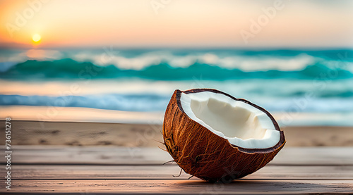 Open coconut on a wood table top on blurred beach during the sunset. Tropical or summer mockup design. photo