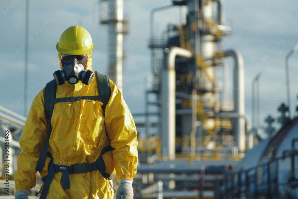 A man wearing a yellow suit and a gas mask. This image can be used to depict themes of protection, safety, or hazardous environments A man wearing a yellow suit and a gas mask. This image can be used to depict themes of protection, safety, or hazardous environments