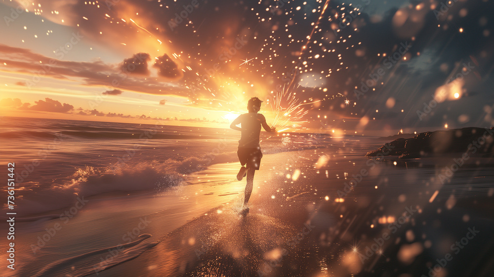 Euphoric Runner Celebrating with Fireworks on Beach at Dusk, man running on the beach