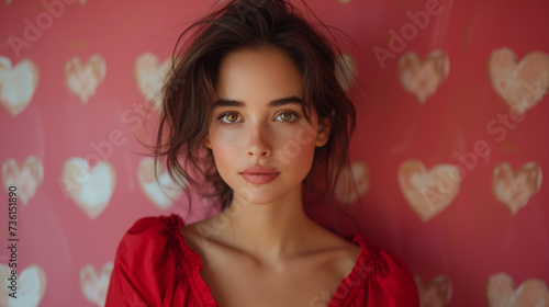 portrait d'une jeune femme amoureuse en robe rouge sur fond de papier peint avec motifs de cœur photo
