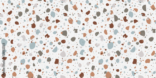 Terrazzo seamless pattern in pastel neutral colors. Random colorful small rocks on beige background. Realistic texture of classic italian flooring. Trendy design for print, fabric, textile, packaging