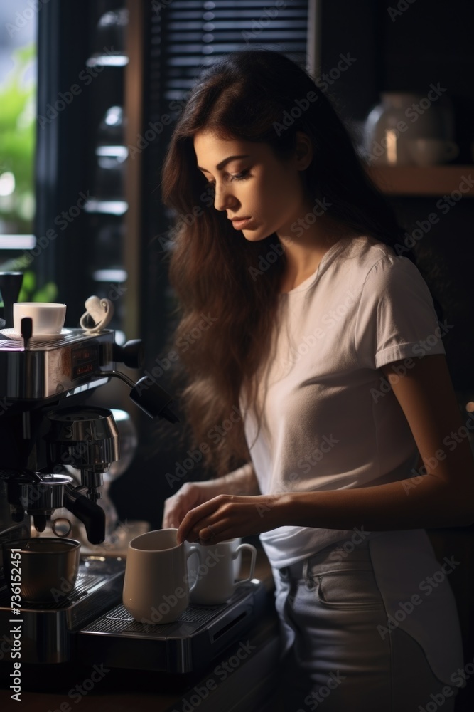 A woman is seen in the process of preparing a cup of coffee. This image can be used to depict morning routines, relaxation, or the enjoyment of a warm beverage