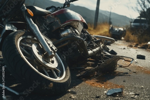 A motorcycle sitting on the side of the road. Can be used to depict a broken-down vehicle or a deserted location.