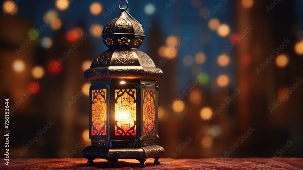 A lantern sitting on a table with lights in the background. This image can be used to create a cozy and warm atmosphere A lantern sitting on a table with lights in the background. This image can be used to create a cozy and warm atmosphere