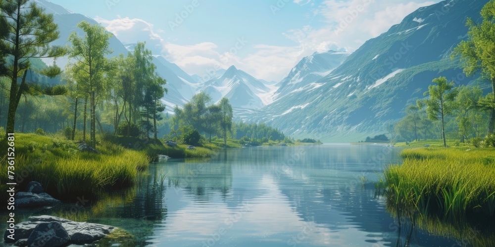 A picturesque painting capturing the beauty of a tranquil lake nestled amidst towering mountains. Perfect for adding a touch of nature's serenity to any space.