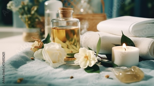 A bottle of oil and candles arranged on a towel. Perfect for creating a relaxing and soothing atmosphere. Ideal for spa, massage, aromatherapy, or meditation concepts