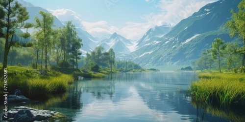 A picturesque painting capturing the beauty of a tranquil lake nestled amidst towering mountains. Perfect for adding a touch of nature's serenity to any space.