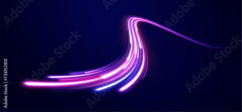 Accelerating speed on a night road in the form of a comet of neon colors. High speed effect motion blur night lights blue and red. 