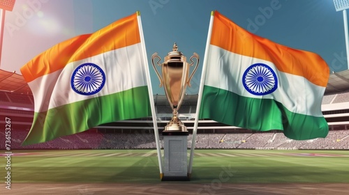 Trophy between two Indian flags at cricket stadium. Advertising for international cricket tournaments held in India. photo