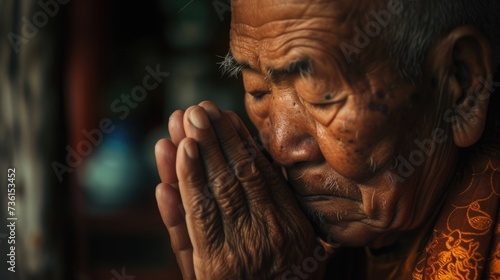 An old man with a concerned expression clasps his hands together. This image can be used to depict worry, stress, anxiety, or prayer