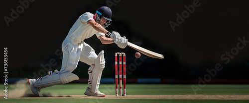 Cricket player in white uniform in motion, playing, hitting ball with bat on cricket field. photo