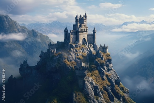 A majestic castle perched atop a towering mountain. Perfect for illustrating strength and power  or for capturing the beauty of nature meeting human architecture