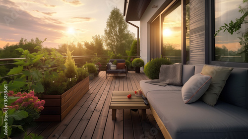 Warm Sunset Over Cozy Outdoor Patio with Ripe Tomato Plant, Wooden Deck, Contemporary Seating Area, Additional Greenery, Residential Property Atmosphere, Modern Garden Design, Balcony Relaxation Spot © Michael