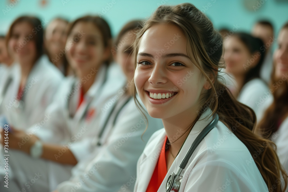 Radiant Healthcare Professionals Nurses and Doctors Engage in a Relaxing Seminar Training, Radiating Happiness and Positive Expressions, Amidst an Educational Hospital Setting Radiant Healthcare Professionals Nurses and Doctors Engage in a Relaxing Seminar Training, Radiating Happiness and Positive Expressions, Amidst an Educational Hospital Setting