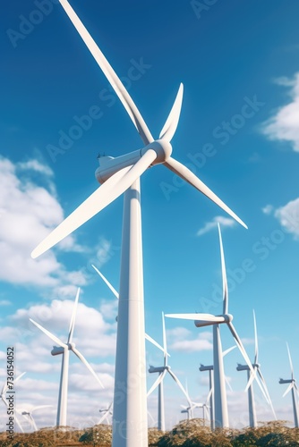 A group of wind turbines standing tall in a field. Perfect for illustrating renewable energy and sustainability concepts