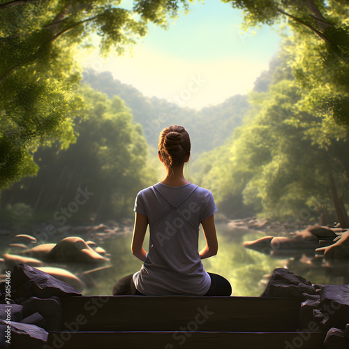 Promote wellness and balance on Women's Day with a photorealistic depiction of a woman practicing yoga in a serene natural setting. © Katerina